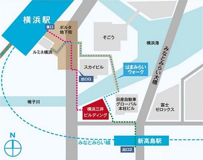 横浜駅をご利用の場合は、横浜駅東口よりポルタ地下街を抜け出口Ｇより出ます。国道１号線沿いを南方向に歩き帷子川を越えるとすぐ左手に横浜三井ビルディングが見えます。新高島駅をご利用の場合は、新高島駅２番出口より出ます。みなとみらい大通りを北方向に歩き、とちのき通りとの交差点を渡って左折して歩くと、日産自動車グローバル本社ビルの先、右手側に横浜三井ビルディングが見えます。 受け付けは当ビルの５階です。入館の際は３階受付にて入館手続きを行って下さい。